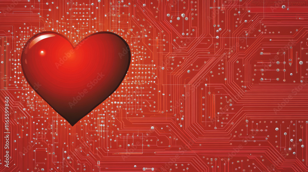 Poster stylized red heart shape on a circuit board for a specialist valentines message for a loved one. vec