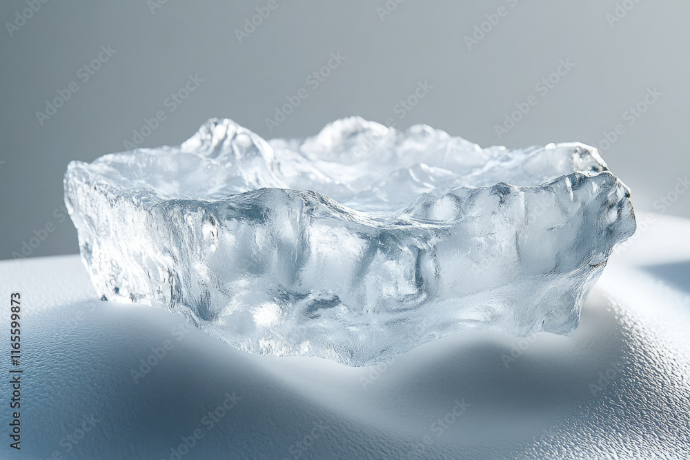 Poster a translucent chunk of ice with irregular edges rests on a light gray surface, showcasing its crysta