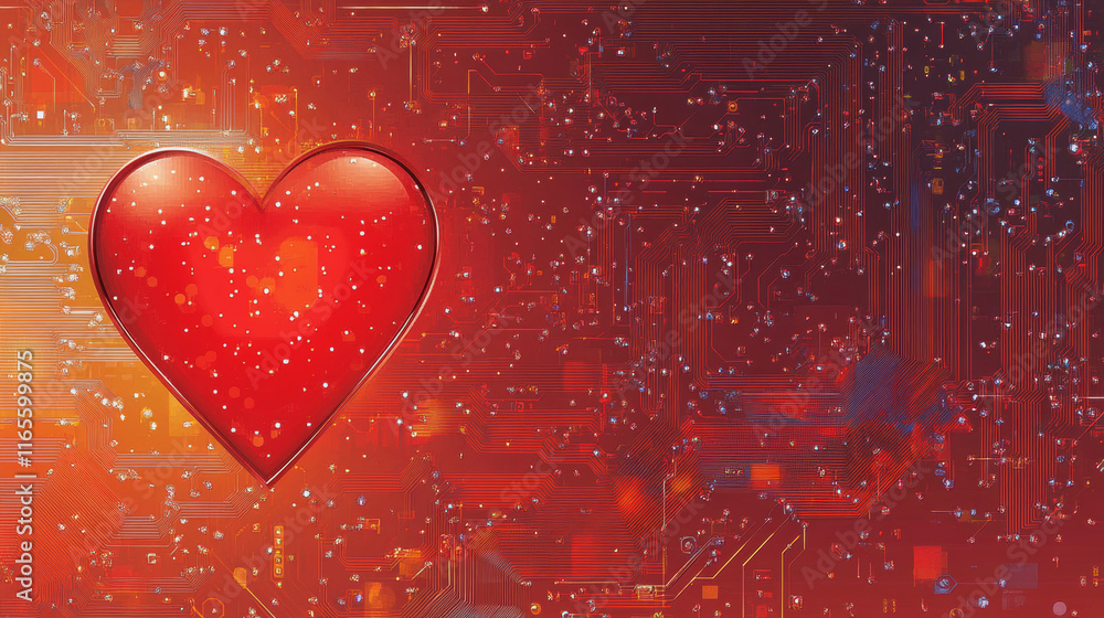 Poster stylized red heart shape on a circuit board for a specialist valentines message for a loved one. vec