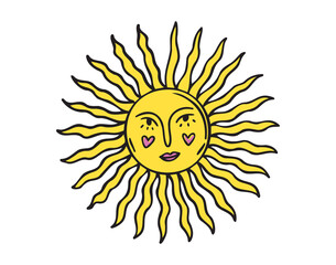 Sun face doodle element. Mystical yellow cartoon whimsical boho style sun, sunshine space cosmic line icon.