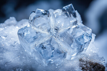 Obraz premium Intricate crystalline structure of salt, gleaming with icy clarity, resting on a bed of snow.