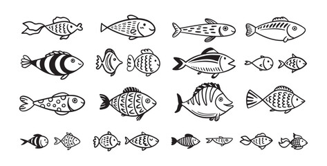 Doodle fish icon set. hand drawn Fish sketch collection. Underwater world sea life ocean