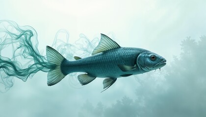 Fototapeta premium Realistic fish swimming gracefully with swirling smoke in a tranquil underwater scene