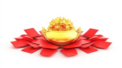 Wealth and Prosperity Symbol: Chinese Gold Ingot with Red Envelopes in 3D Cartoon Style Isolated on White Background