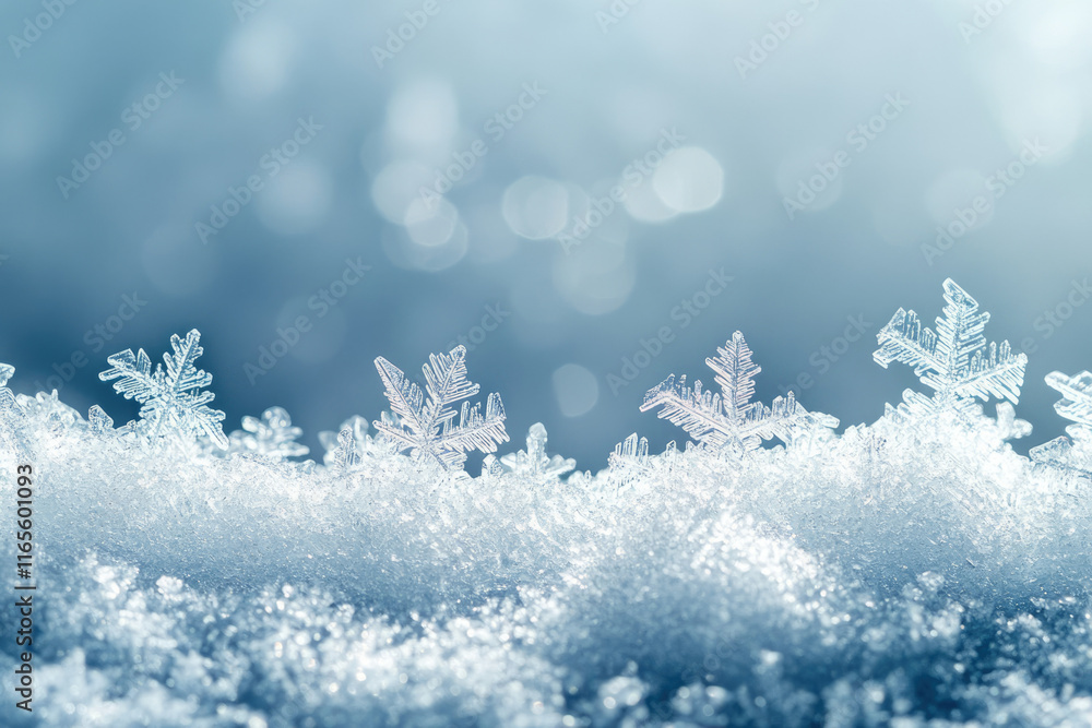 Poster intricate snowflakes delicately rest on a pristine snowdrift, illuminated by soft sunlight.