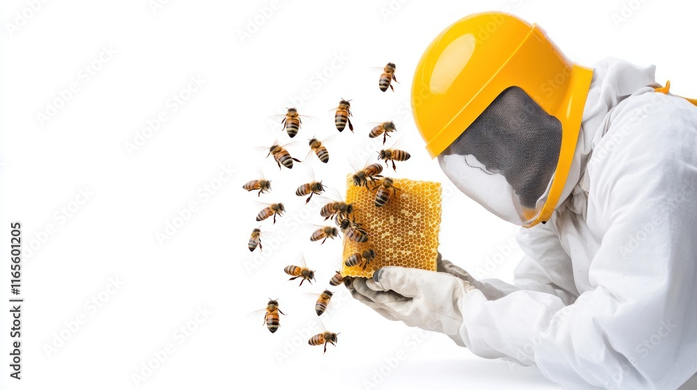 Poster beekeeper handling honeycomb while bees swarm around.