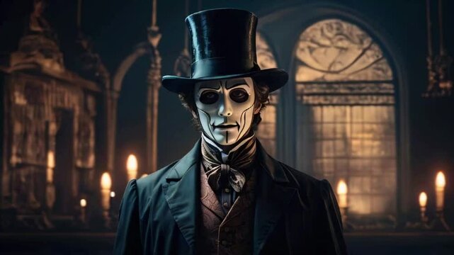 A villain who controls people shadow strings. Dresses in Victorian-era attire porcelain mask. Speaks riddles manipulates dark deeds, anime-style 4k lofi hip-hop bites landscape music animation video