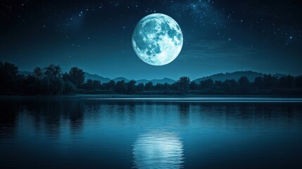 Full moon over tranquil lake reflecting starry night sky and silhouetted trees.