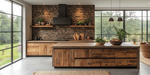 Elegant modern rustic kitchen showcase open space interior design soft neutral colors natural textures inviting atmosphere