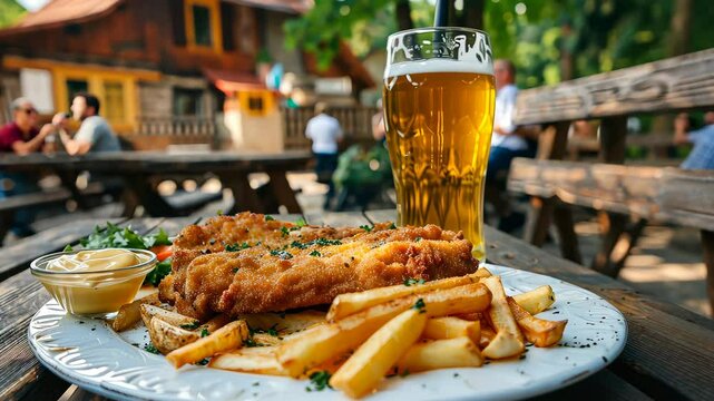 French fries, schnitzel and beer in nature. Selective focus. food.