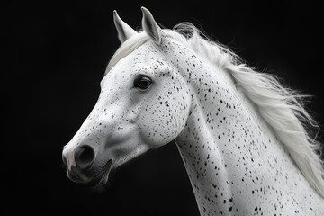 White horse with black spots standing out prominently against dark background with flowing mane