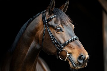 Horse with dark brown coat and black mane standing out against dark background with sleek coat