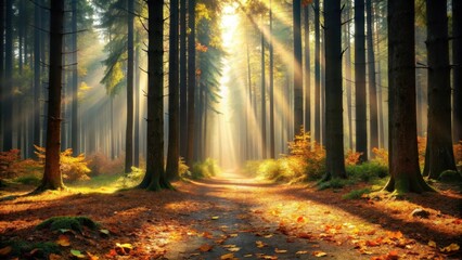 Obraz premium Serene Autumn Path Through Sunlit Forest With Golden Leaves