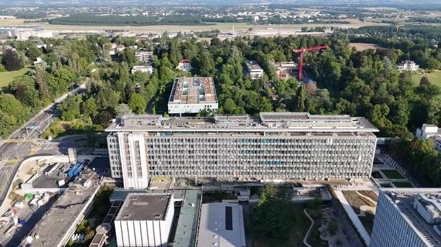Drone view of WHO (World Health Organization) Headquarters, Geneva, Switzerland