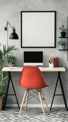 Modern Minimalist Home Office Design with a Pop of Color. Stylish and Functional Workspace with a Red Chair, Perfect for Productivity and Relaxation.