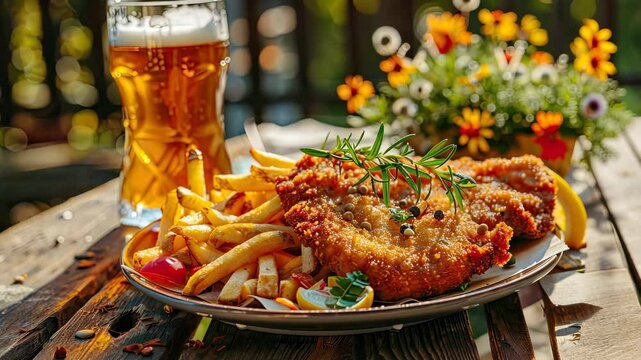 French fries, schnitzel and beer in nature. Selective focus. food.