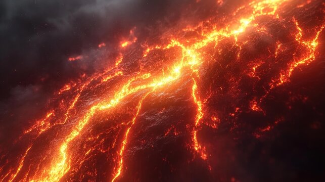 Molten lava flows across a dark volcanic landscape.