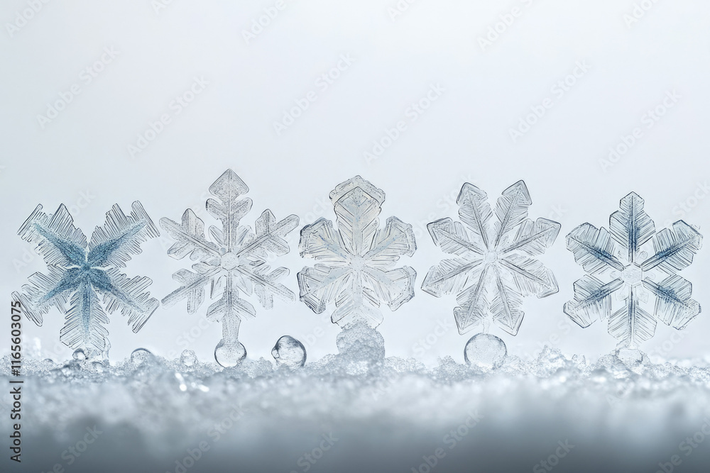 Poster five unique snowflakes stand in a row on a snowy surface, showcasing their intricate crystalline str