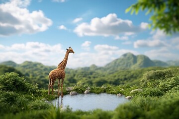 Majestic Giraffe in Lush Savanna Habitat   Stunning Wildlife Photography for Commercial Use