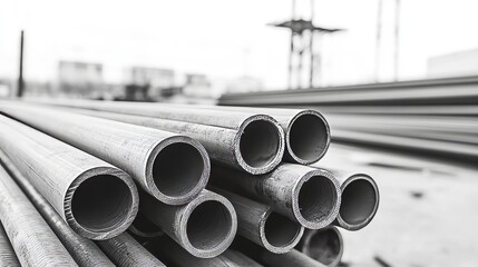 Fototapeta premium Close-up Black-and-White Photograph of Steel Pipes, Industrial Design, Metal Texture, Modern Architecture