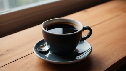 Obraz premium A cup of coffee on wood by a sunlit window is perfect for cozy café promotions, coffee blogs, or social media posts.