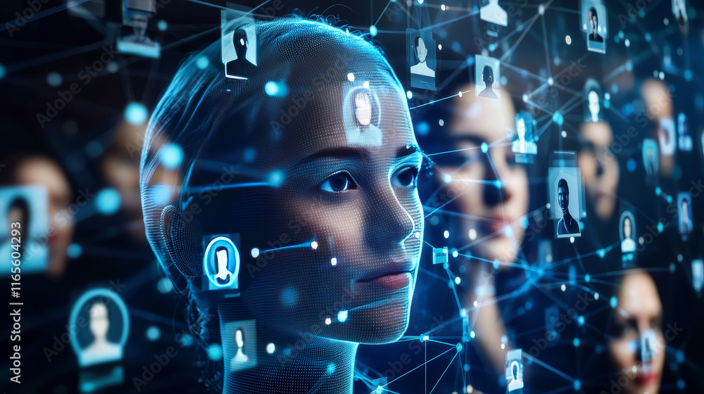 Poster face recognition technology. vector 3d geometric wireframe of human head on dark blue background wit