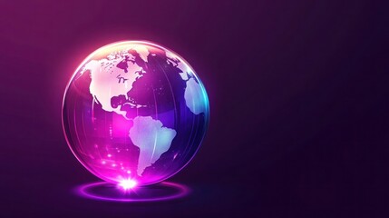 A modern clipart of a glass globe with simplified continents, glowing softly against a deep purple background. A symbol of global connection.