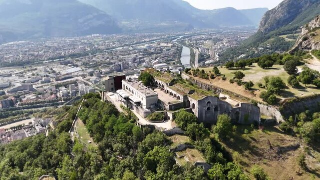 Drone view of the Bastille Fort on Mount Rachais, Grenoble, France