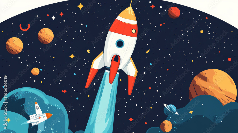 Poster spaceships and rockets flying in space. vector version also available in gallery