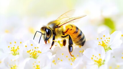 Close-up of a Honeybee on White Cherry Blossoms in Spring: Pollination, Nature, Springtime, Environmental Conservation