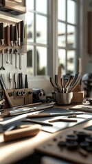 A Well-Organized Workshop with an Array of Tools for Woodworking and Craftsmanship.  A Creative Space for Artistic Expression and Handmade Creations.