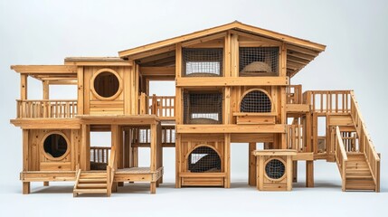 Multi-level wooden playhouse for pets.
