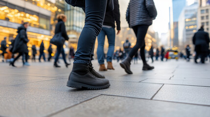 Naklejka premium A vibrant and bustling scene of a group of people walking down a sidewalk, capturing the essence of urban life - Humanity