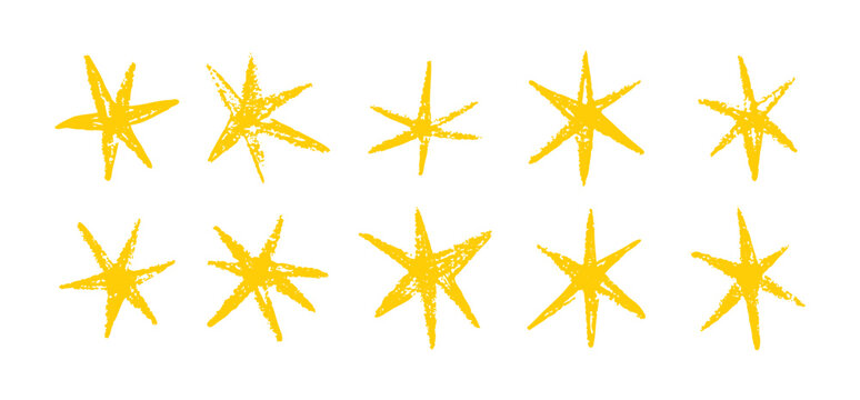 Naklejki Grunge hand drawn yellow stars brush strokes and spray paint. Doodle star texture graffiti elements. Vintage ink stars