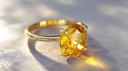 A closeup shot of an exquisite gold ring with a large radiant yellow gemstone, capturing its brilliance and elegance, showcasing skilled craftsmanship and luxurious design