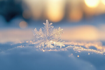 A single, perfectly formed snowflake rests on a snowy surface, illuminated by the warm glow of the setting sun.