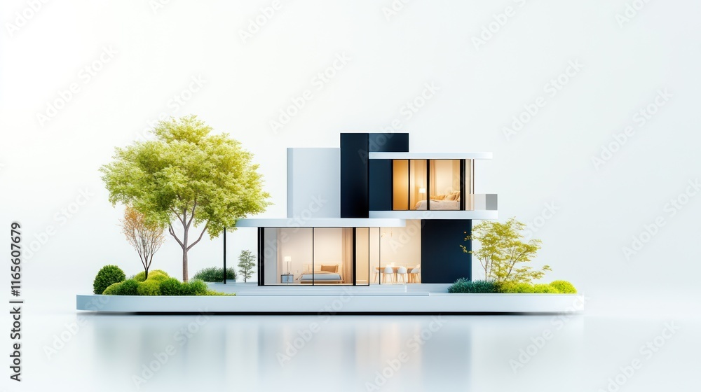 Poster modern architectural model with greenery and large windows.