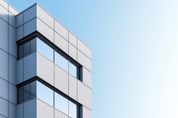 Fototapeta premium Sleek modern architecture with geometric glass and steel facade overlooking urban cityscape