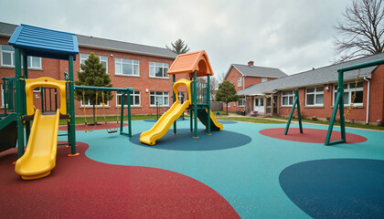 Empty school playground on cloudy day, anticipation for learning