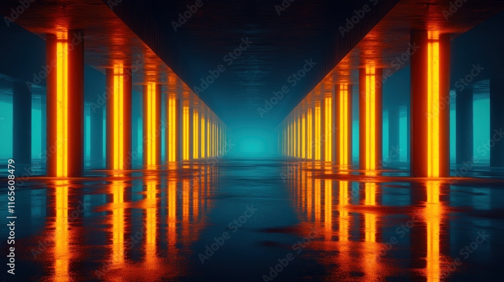 Poster neon orange and blue columns in a long corridor with wet concrete floor, creating a futuristic and g
