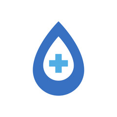 A stylized blue droplet containing a light blue plus sign, set against a black background.  Represents health, hydration, or medical services.
