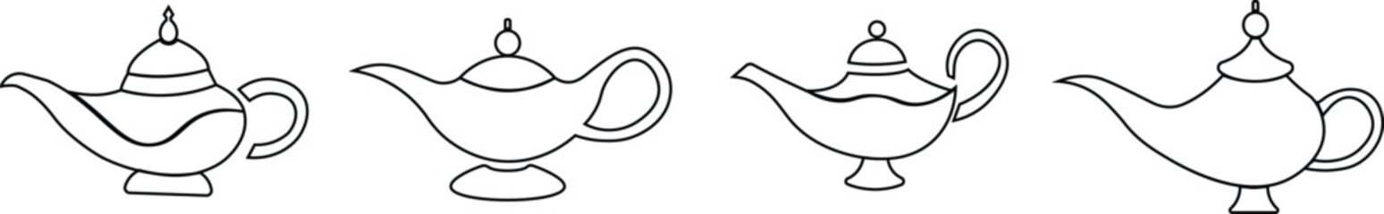 Obraz premium Magical Genie Lamp icon set. Mystical, black line vector ornate genie lamp, radiating magic and wonder with sparkling stars. Perfect for fantasy, storytelling, and wish granting themes.