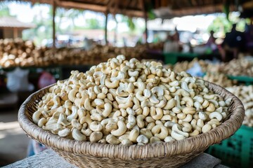 Freshly Harvested Cashew Nuts with Woven Basket Displayed in a Tropical Farm Market Bathed in Morning Light and Surrounded by Natural Elements
