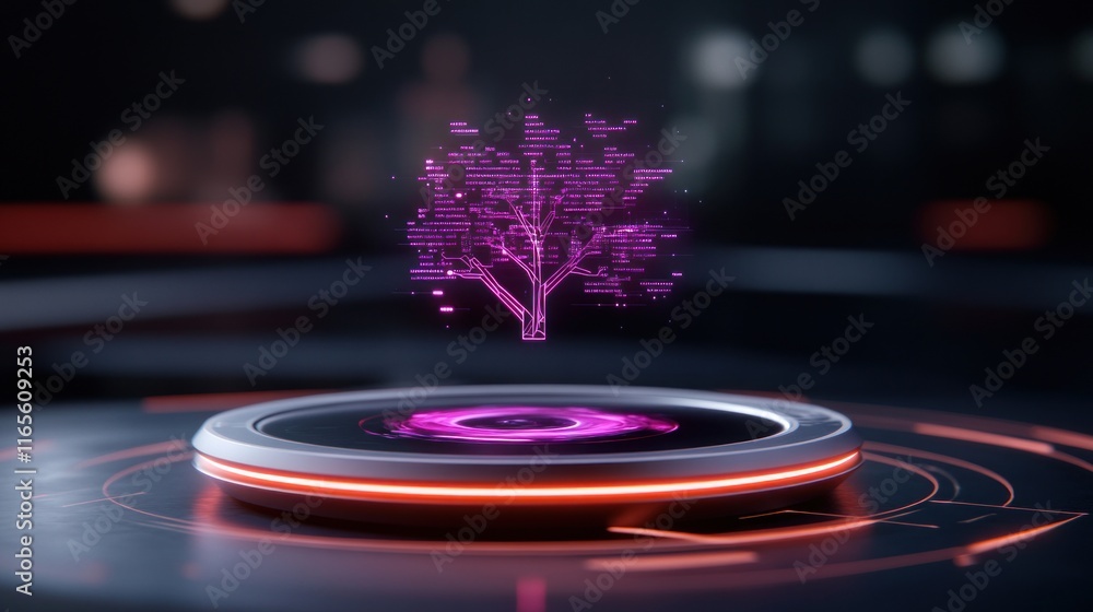Aufkleber a holographic tree structure displayed on a futuristic platform.