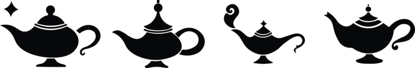 Magical Genie Lamp icon set. Mystical, black flat vector ornate genie lamp, radiating magic and wonder with sparkling stars. Perfect for fantasy, storytelling, and wish granting themes. © WaQar