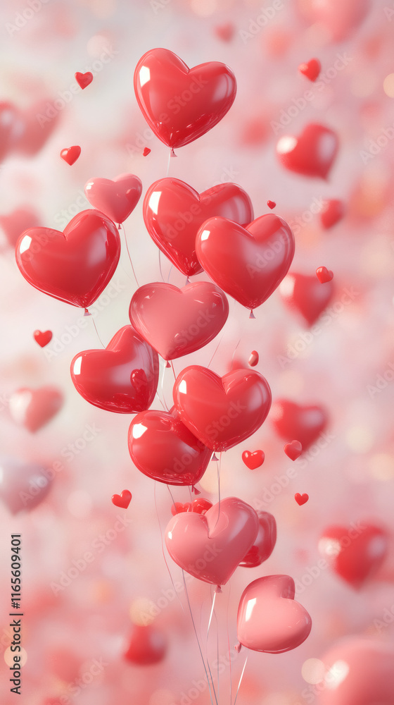 Poster bunch of red and pink heart shaped balloons floating on a bokeh background for valentine's day