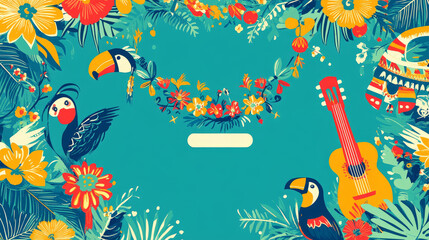 Mexican sombrero, guitar and fieta party diploma. Education achievement vector certificate, kids diploma with toucans and maracas, flowers, Day of Dead picado paper cut garland and guitar