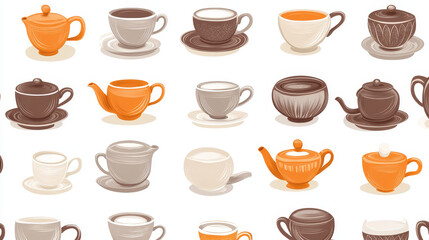Coffee and tea cups seamless pattern with brown, gray and orange ceramic pots, sugar bowls and cups of hot beverages on white background. For cafe, coffee shop interior and menu page design 