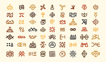 Naklejka premium African tribal symbols Abstract geometric shapes doodle decoration set. Ethnic boho elements collection. Colorful mayan hand drawn design. 