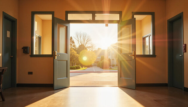 Doors opening to school in morning light, welcoming first day